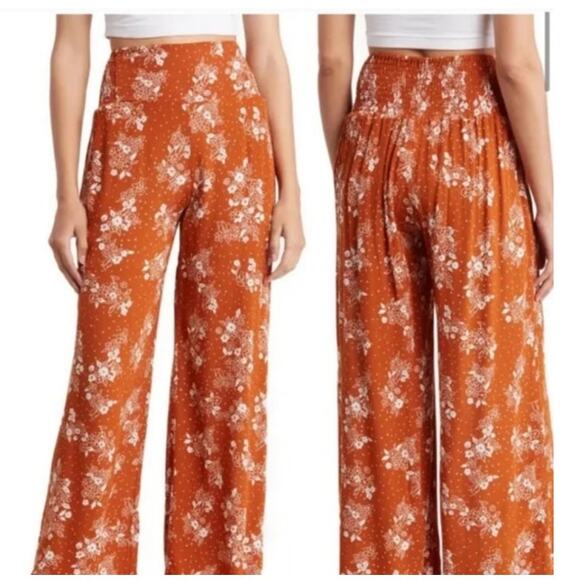 Three Dots Orange White Floral Smocked Straight Leg High Waist Rayon Pants Sz  L - Picture 1 of 9